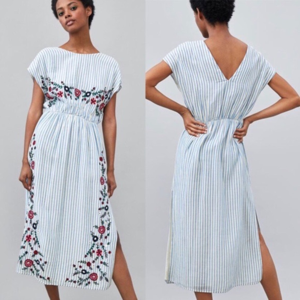ZARA | striped floral embroidered blue midi dress